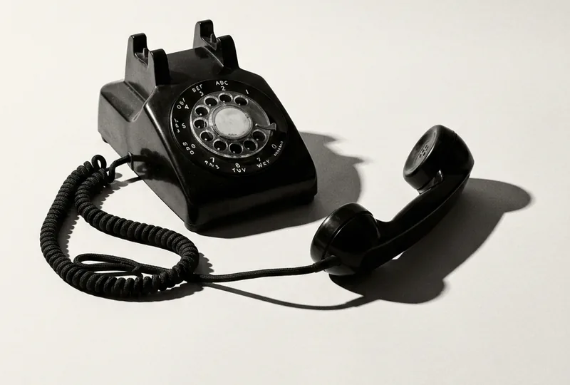 Un telefon negru cu disc, cu receptorul ridicat