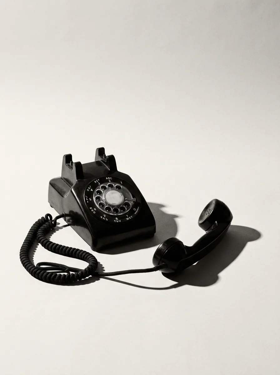 Un telefon negru cu disc, cu receptorul ridicat